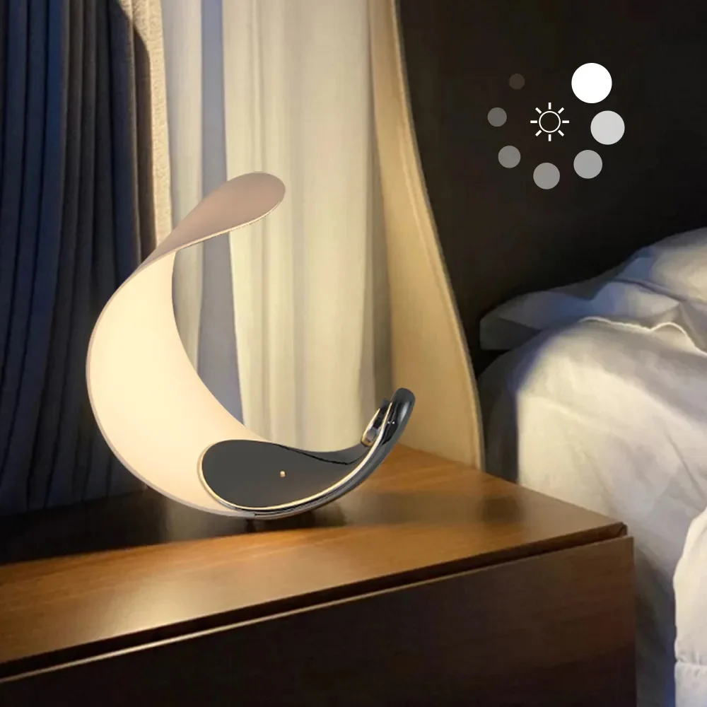 White Half-Moon Warm Light Table Lamp with Adjustable Brightness Metal Desk Lamp