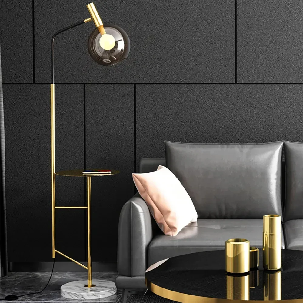 Modern Tray Table Floor Lamp Cognac Dome Glass Shade 1-Light in Gold